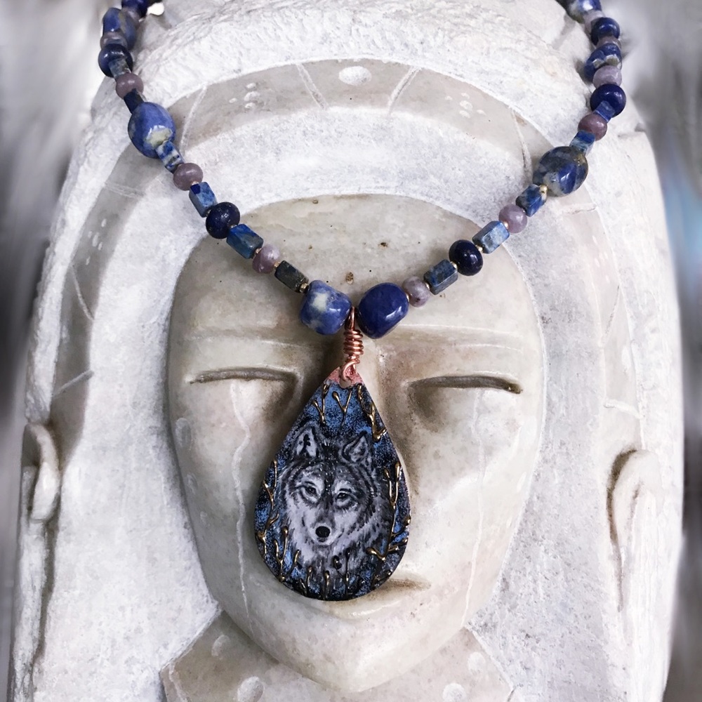 SOLD- Lapis and sodalite wolf pendant necklace